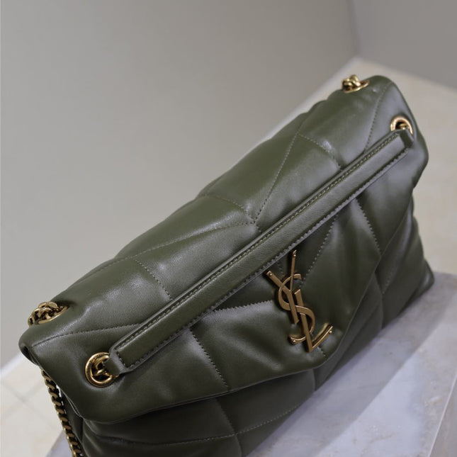 YSL 25S LOULOU PUFFER GM 35 IN DARK OLIVE CALFSKIN GOLD HARDWRE