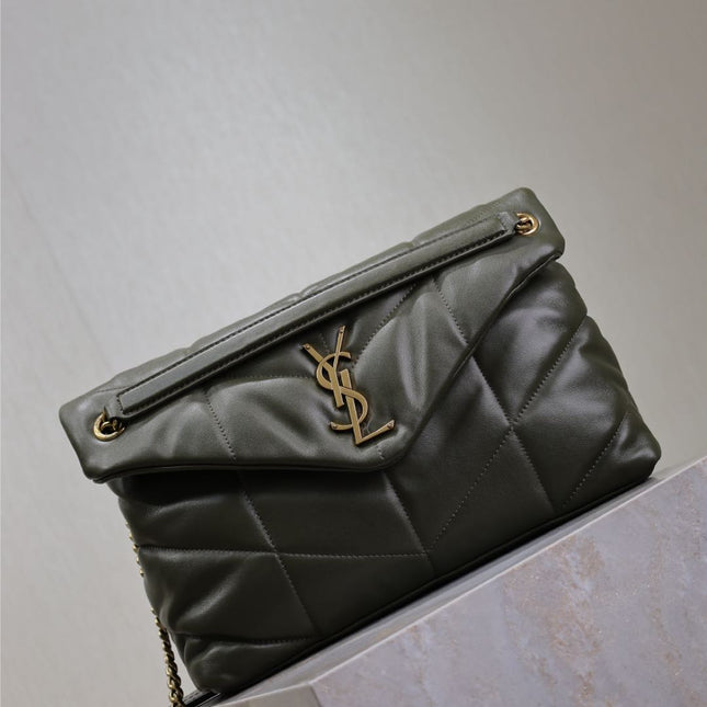 YSL 25S LOULOU PUFFER GM 35 IN DARK OLIVE CALFSKIN GOLD HARDWRE