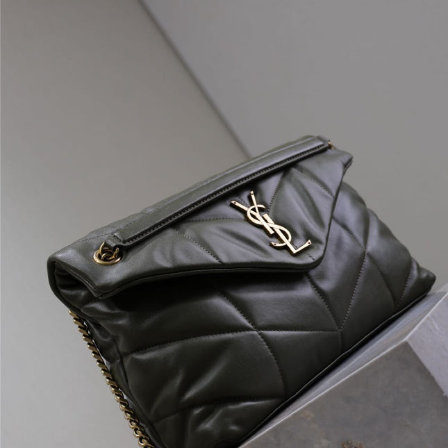 YSL 25S LOULOU PUFFER GM 35 IN DARK OLIVE CALFSKIN GOLD HARDWRE