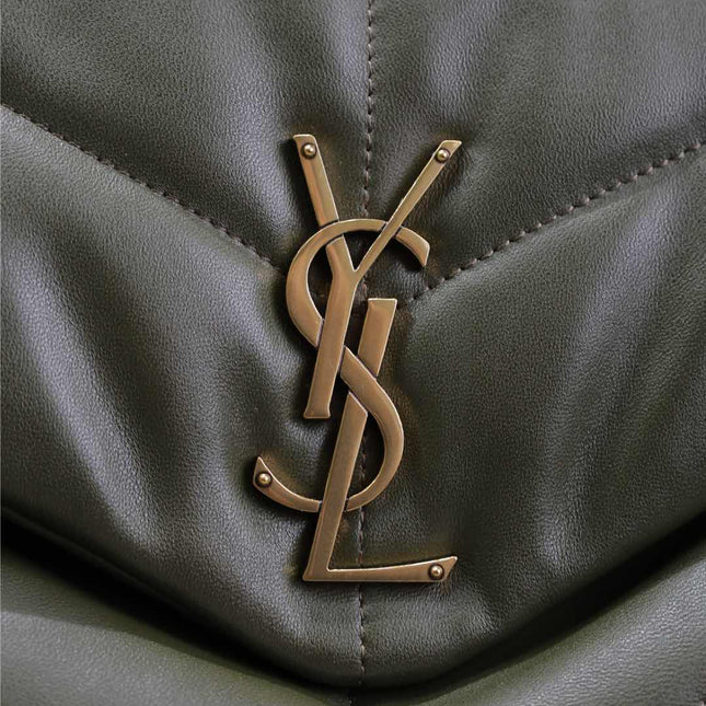YSL 25S LOULOU PUFFER GM 35 IN DARK OLIVE CALFSKIN GOLD HARDWRE