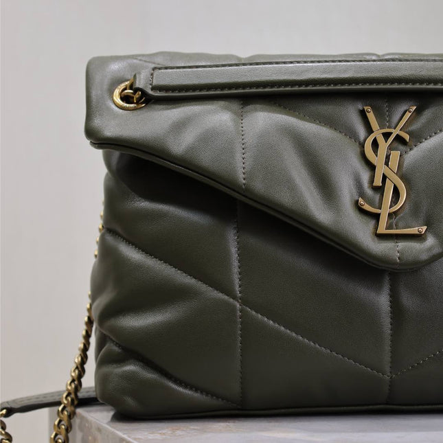 YSL 25S LOULOU PUFFER GM 35 IN DARK OLIVE CALFSKIN GOLD HARDWRE