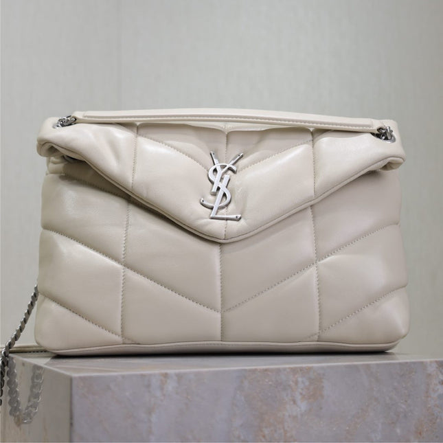 YSL 25S LOULOU PUFFER GM 35 IN SMOKEY TAUPE CALFSKIN SILVER HARDWRE