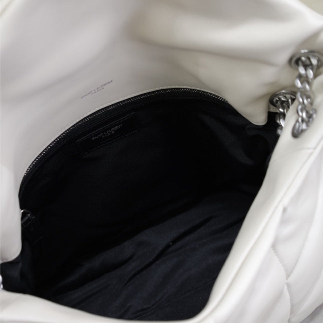 YSL 25S LOULOU PUFFER GM 35 IN SMOKEY TAUPE CALFSKIN SILVER HARDWRE