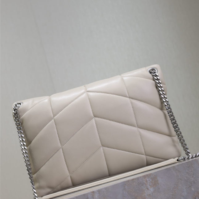 YSL 25S LOULOU PUFFER GM 35 IN SMOKEY TAUPE CALFSKIN SILVER HARDWRE