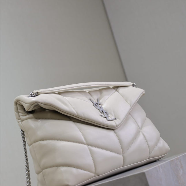 YSL 25S LOULOU PUFFER GM 35 IN SMOKEY TAUPE CALFSKIN SILVER HARDWRE