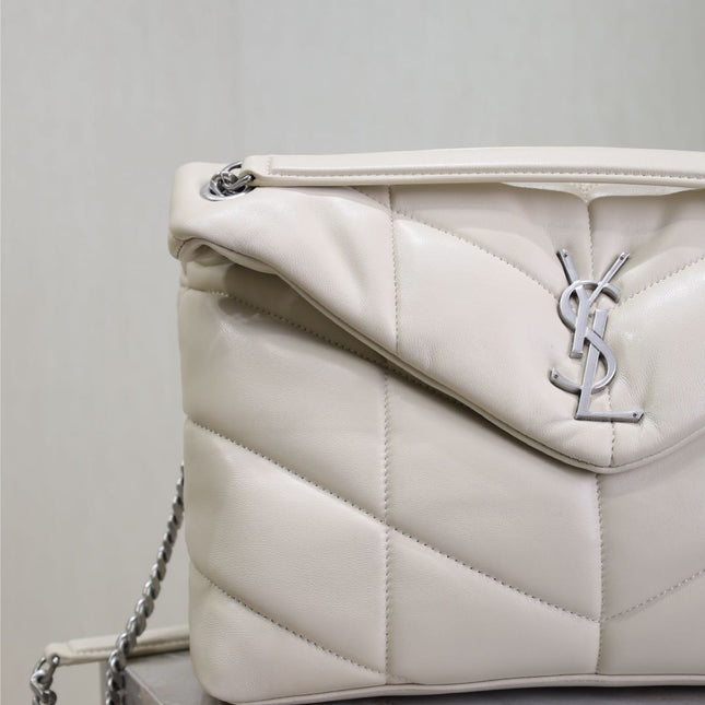 YSL 25S LOULOU PUFFER GM 35 IN SMOKEY TAUPE CALFSKIN SILVER HARDWRE