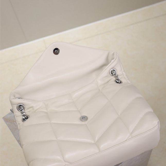 YSL 25S LOULOU PUFFER GM 35 IN SMOKEY TAUPE CALFSKIN SILVER HARDWRE