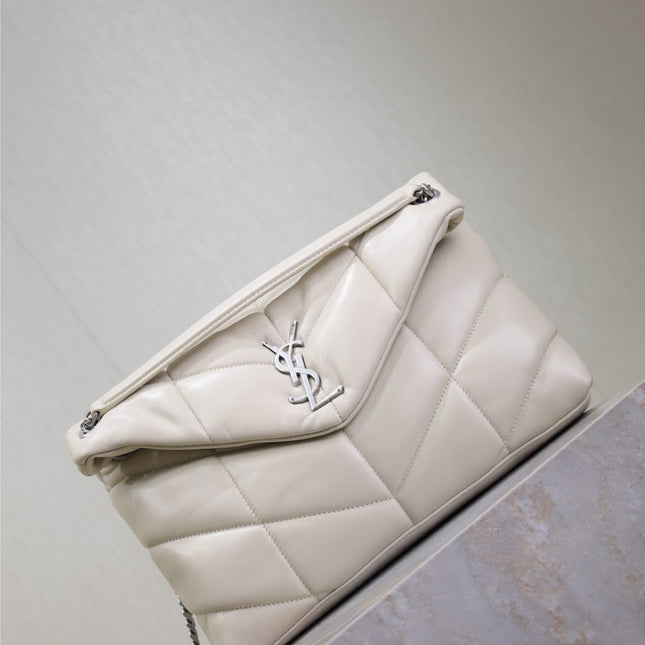 YSL 25S LOULOU PUFFER GM 35 IN SMOKEY TAUPE CALFSKIN SILVER HARDWRE