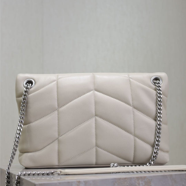 YSL 25S LOULOU PUFFER MM 29 IN SMOKEY TAUPE CALFSKIN SILVER HARDWRE