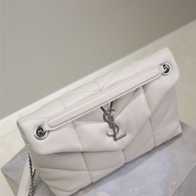 YSL 25S LOULOU PUFFER MM 29 IN SMOKEY TAUPE CALFSKIN SILVER HARDWRE