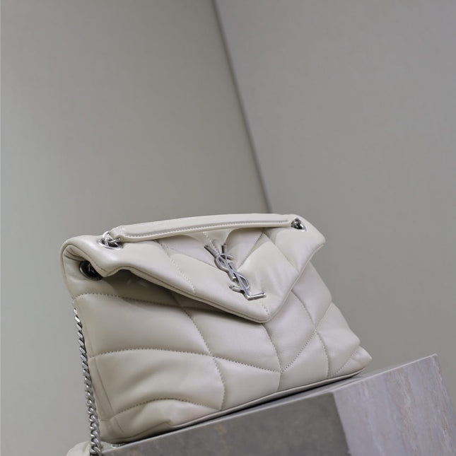 YSL 25S LOULOU PUFFER MM 29 IN SMOKEY TAUPE CALFSKIN SILVER HARDWRE