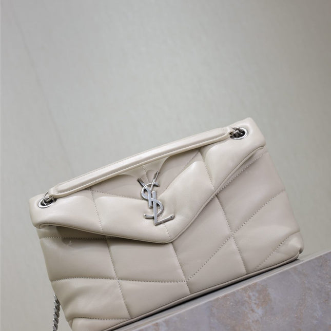 YSL 25S LOULOU PUFFER MM 29 IN SMOKEY TAUPE CALFSKIN SILVER HARDWRE