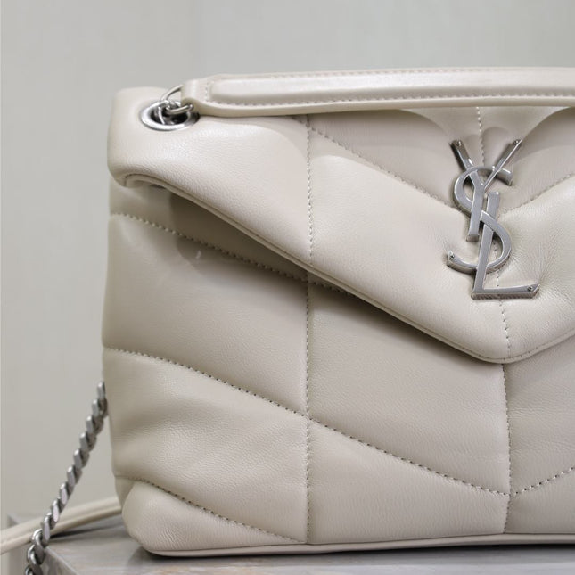 YSL 25S LOULOU PUFFER MM 29 IN SMOKEY TAUPE CALFSKIN SILVER HARDWRE