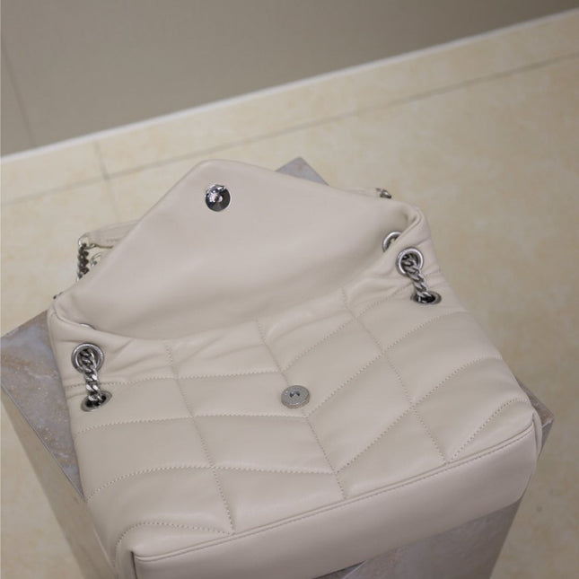 YSL 25S LOULOU PUFFER MM 29 IN SMOKEY TAUPE CALFSKIN SILVER HARDWRE