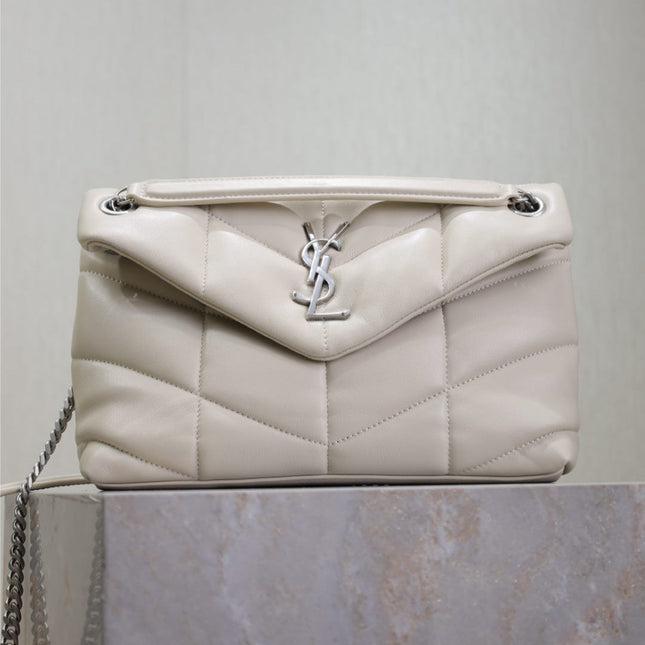 YSL 25S LOULOU PUFFER MM 29 IN SMOKEY TAUPE CALFSKIN SILVER HARDWRE