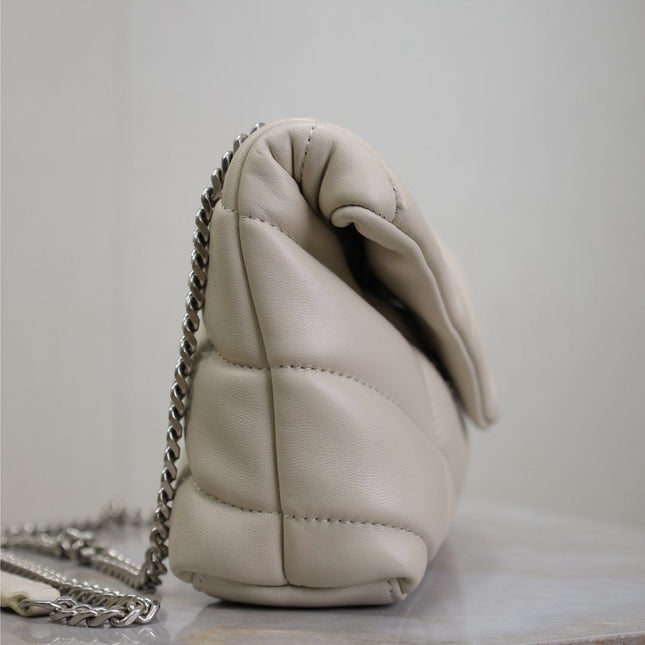 YSL 25S LOULOU PUFFER MINI 23 IN SMOKEY TAUPE CALFSKIN SILVER HARDWRE