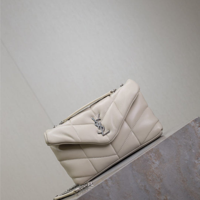 YSL 25S LOULOU PUFFER MINI 23 IN SMOKEY TAUPE CALFSKIN SILVER HARDWRE