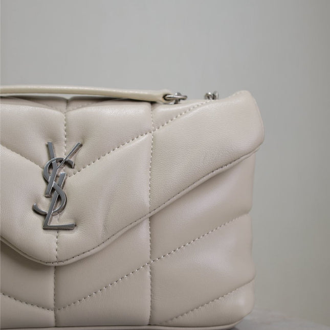 YSL 25S LOULOU PUFFER MINI 23 IN SMOKEY TAUPE CALFSKIN SILVER HARDWRE