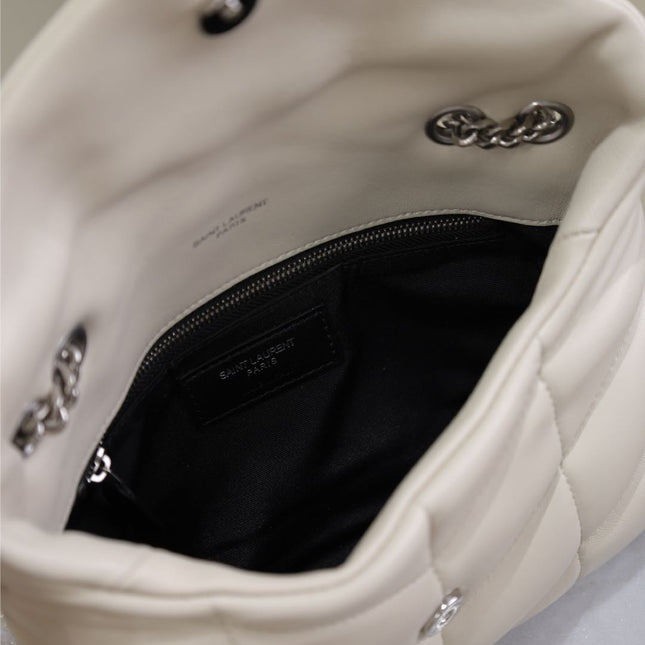 YSL 25S LOULOU PUFFER MINI 23 IN SMOKEY TAUPE CALFSKIN SILVER HARDWRE