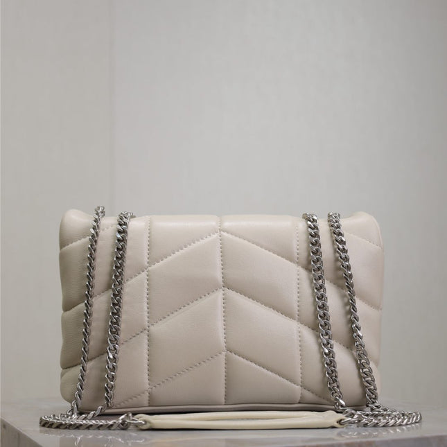 YSL 25S LOULOU PUFFER MINI 23 IN SMOKEY TAUPE CALFSKIN SILVER HARDWRE