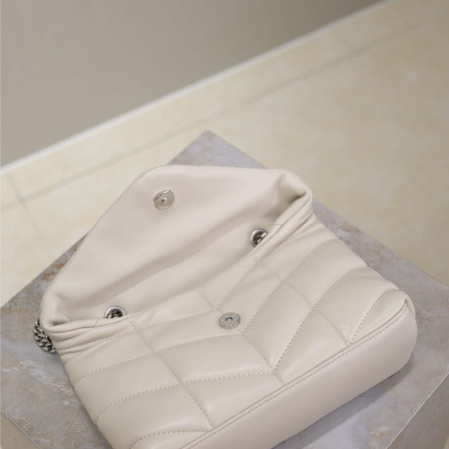 YSL 25S LOULOU PUFFER MINI 23 IN SMOKEY TAUPE CALFSKIN SILVER HARDWRE