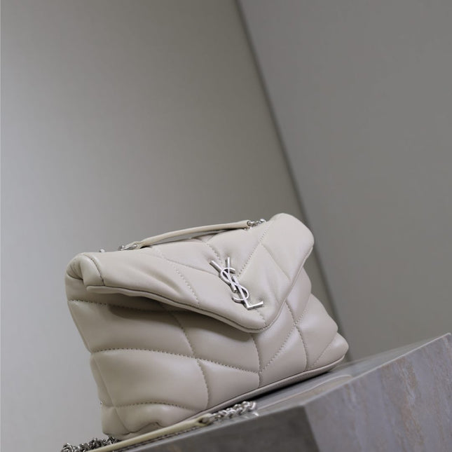 YSL 25S LOULOU PUFFER MINI 23 IN SMOKEY TAUPE CALFSKIN SILVER HARDWRE