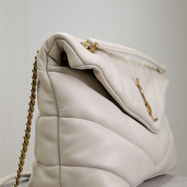 YSL 25S LOULOU PUFFER GM 35 IN BLANC VINTAGE CALFSKIN GOLD HARDWRE