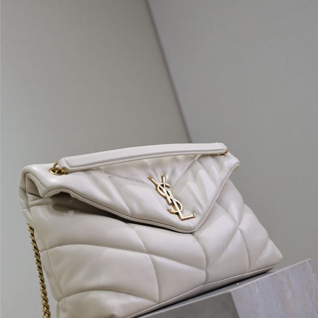 YSL 25S LOULOU PUFFER GM 35 IN BLANC VINTAGE CALFSKIN GOLD HARDWRE