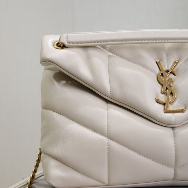 YSL 25S LOULOU PUFFER GM 35 IN BLANC VINTAGE CALFSKIN GOLD HARDWRE