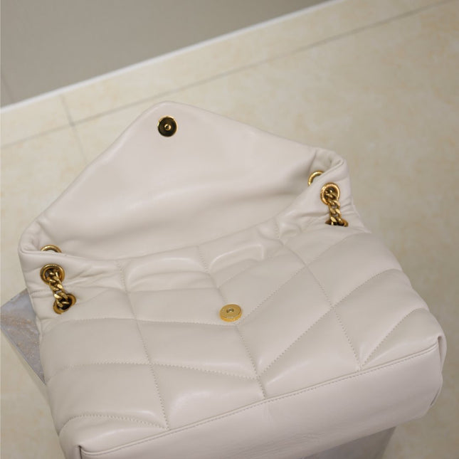 YSL 25S LOULOU PUFFER GM 35 IN BLANC VINTAGE CALFSKIN GOLD HARDWRE