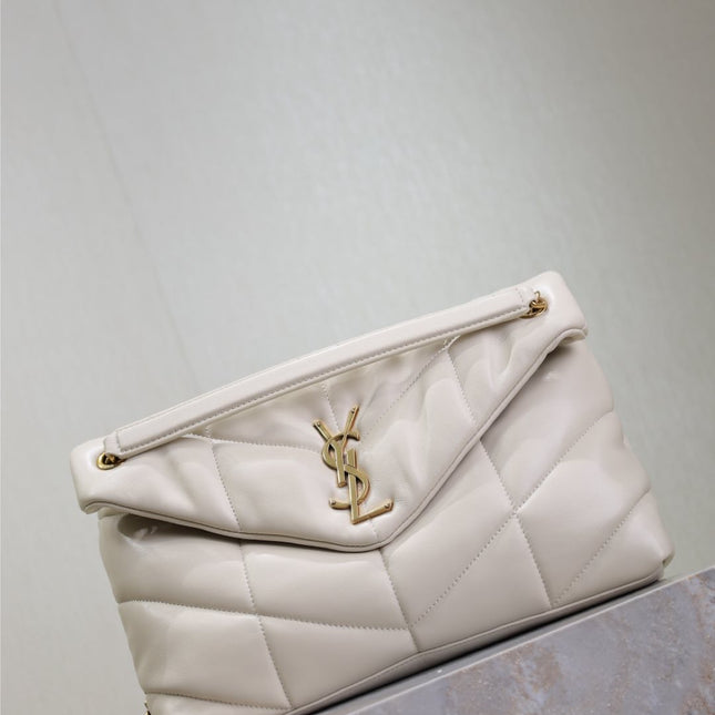 YSL 25S LOULOU PUFFER GM 35 IN BLANC VINTAGE CALFSKIN GOLD HARDWRE