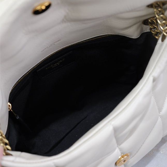 YSL 25S LOULOU PUFFER MM 29 IN BLANC VINTAGE CALFSKIN GOLD HARDWRE