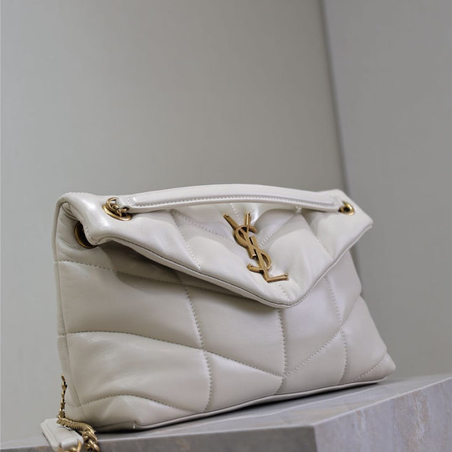 YSL 25S LOULOU PUFFER MM 29 IN BLANC VINTAGE CALFSKIN GOLD HARDWRE