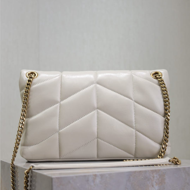 YSL 25S LOULOU PUFFER MM 29 IN BLANC VINTAGE CALFSKIN GOLD HARDWRE