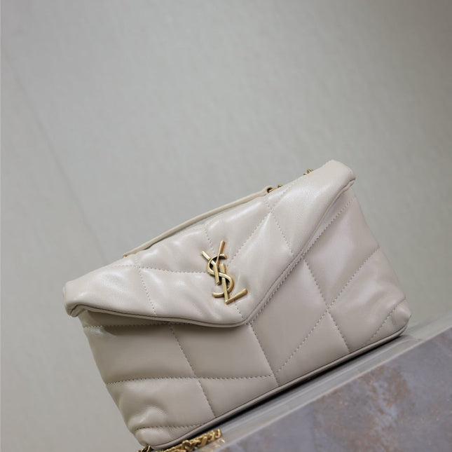 YSL 25S LOULOU PUFFER MINI 23 IN BLANC VINTAGE CALFSKIN GOLD HARDWRE