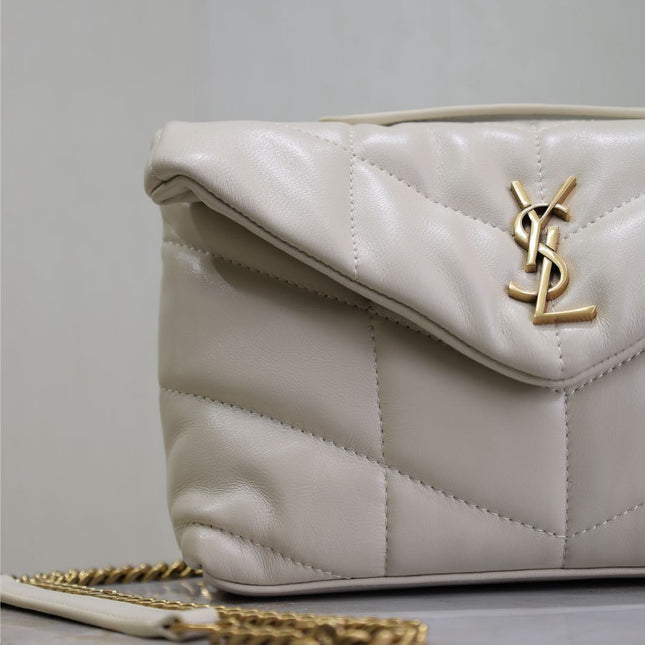 YSL 25S LOULOU PUFFER MINI 23 IN BLANC VINTAGE CALFSKIN GOLD HARDWRE