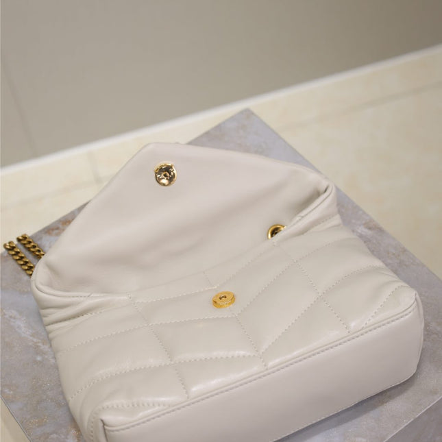 YSL 25S LOULOU PUFFER MINI 23 IN BLANC VINTAGE CALFSKIN GOLD HARDWRE