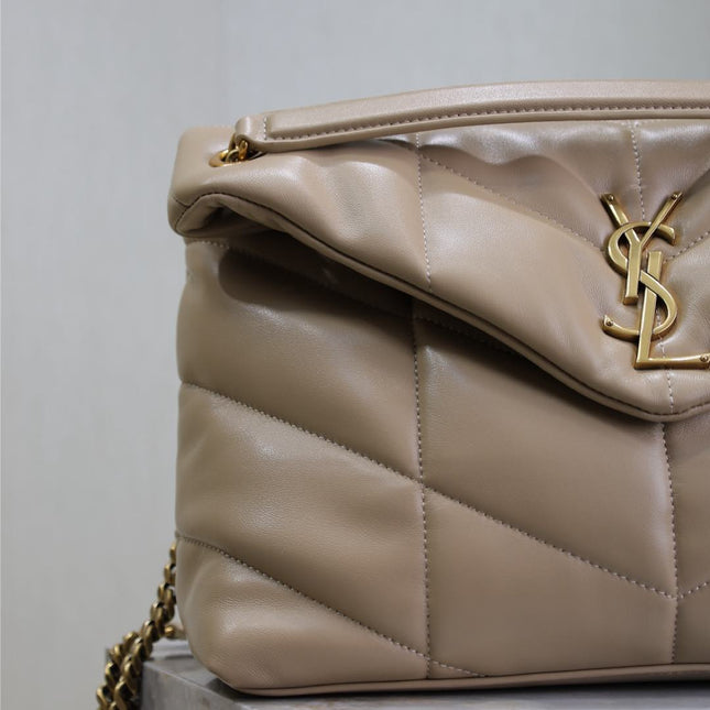 YSL 25S LOULOU PUFFER GM 35 IN BROWN CALFSKIN GOLD HARDWRE