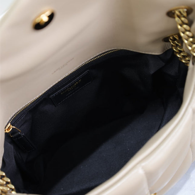 YSL 25S LOULOU PUFFER MM 29 IN BROWN CALFSKIN GOLD HARDWRE