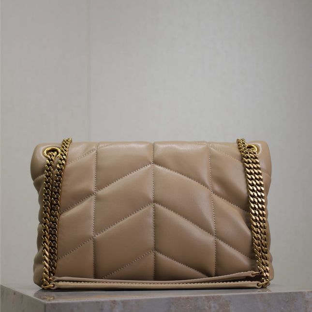 YSL 25S LOULOU PUFFER MM 29 IN BROWN CALFSKIN GOLD HARDWRE