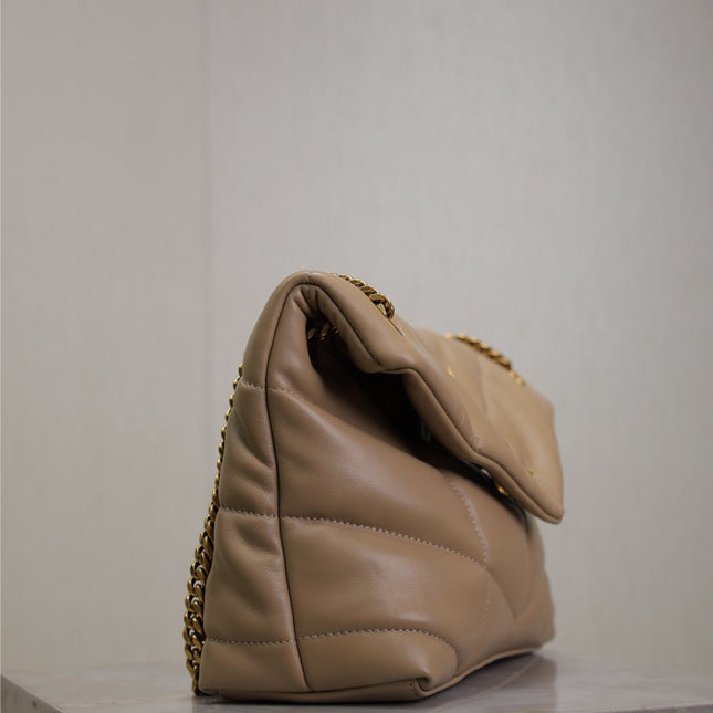 YSL 25S LOULOU PUFFER MM 29 IN BROWN CALFSKIN GOLD HARDWRE