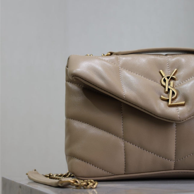 YSL 25S LOULOU PUFFER MINI 23 IN BROWN CALFSKIN GOLD HARDWRE