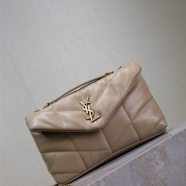 YSL 25S LOULOU PUFFER MINI 23 IN BROWN CALFSKIN GOLD HARDWRE