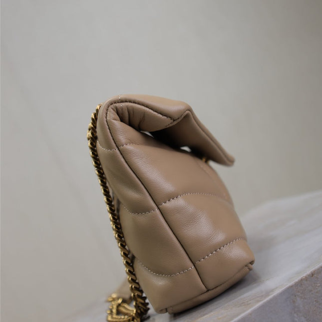 YSL 25S LOULOU PUFFER MINI 23 IN BROWN CALFSKIN GOLD HARDWRE