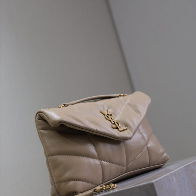 YSL 25S LOULOU PUFFER MINI 23 IN BROWN CALFSKIN GOLD HARDWRE