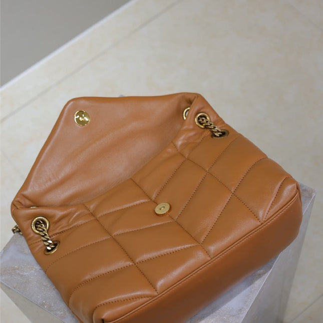 YSL 25S LOULOU PUFFER MM 29 IN CARAMEL CALFSKIN GOLD HARDWRE