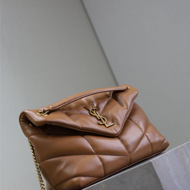 YSL 25S LOULOU PUFFER MM 29 IN CARAMEL CALFSKIN GOLD HARDWRE