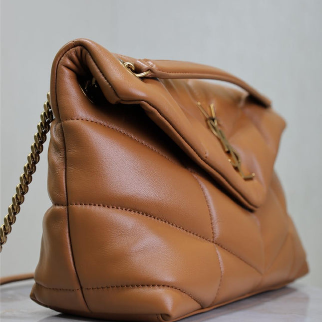 YSL 25S LOULOU PUFFER MM 29 IN CARAMEL CALFSKIN GOLD HARDWRE