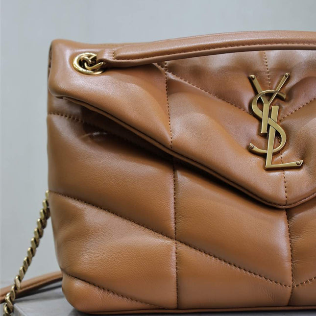 YSL 25S LOULOU PUFFER MM 29 IN CARAMEL CALFSKIN GOLD HARDWRE