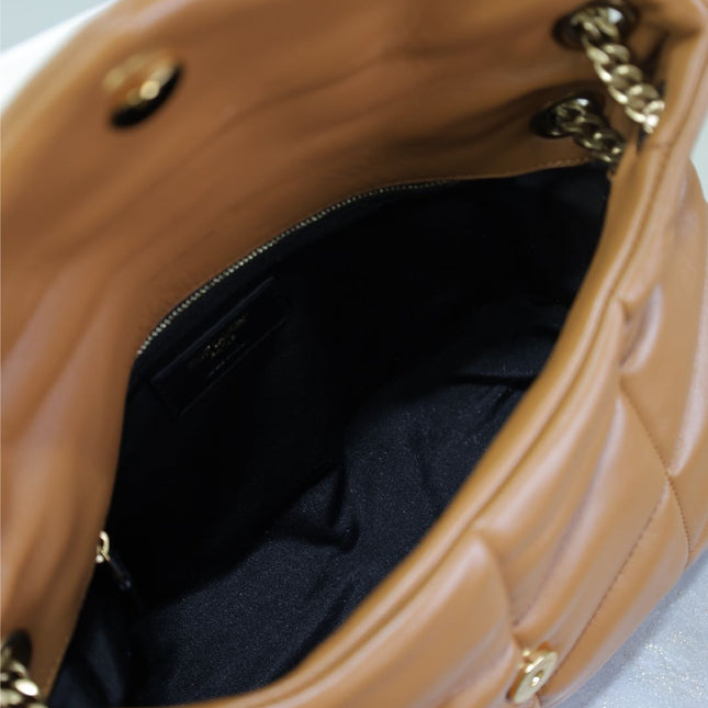 YSL 25S LOULOU PUFFER MM 29 IN CARAMEL CALFSKIN GOLD HARDWRE